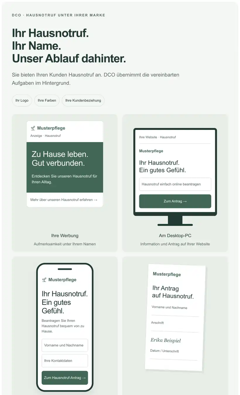 White Label beim Hausnotruf: Werbung, Website, Smartphone-Antrag und Antragsformular – überall Ihr Name und Ihr Logo, DCO im Hintergrund
